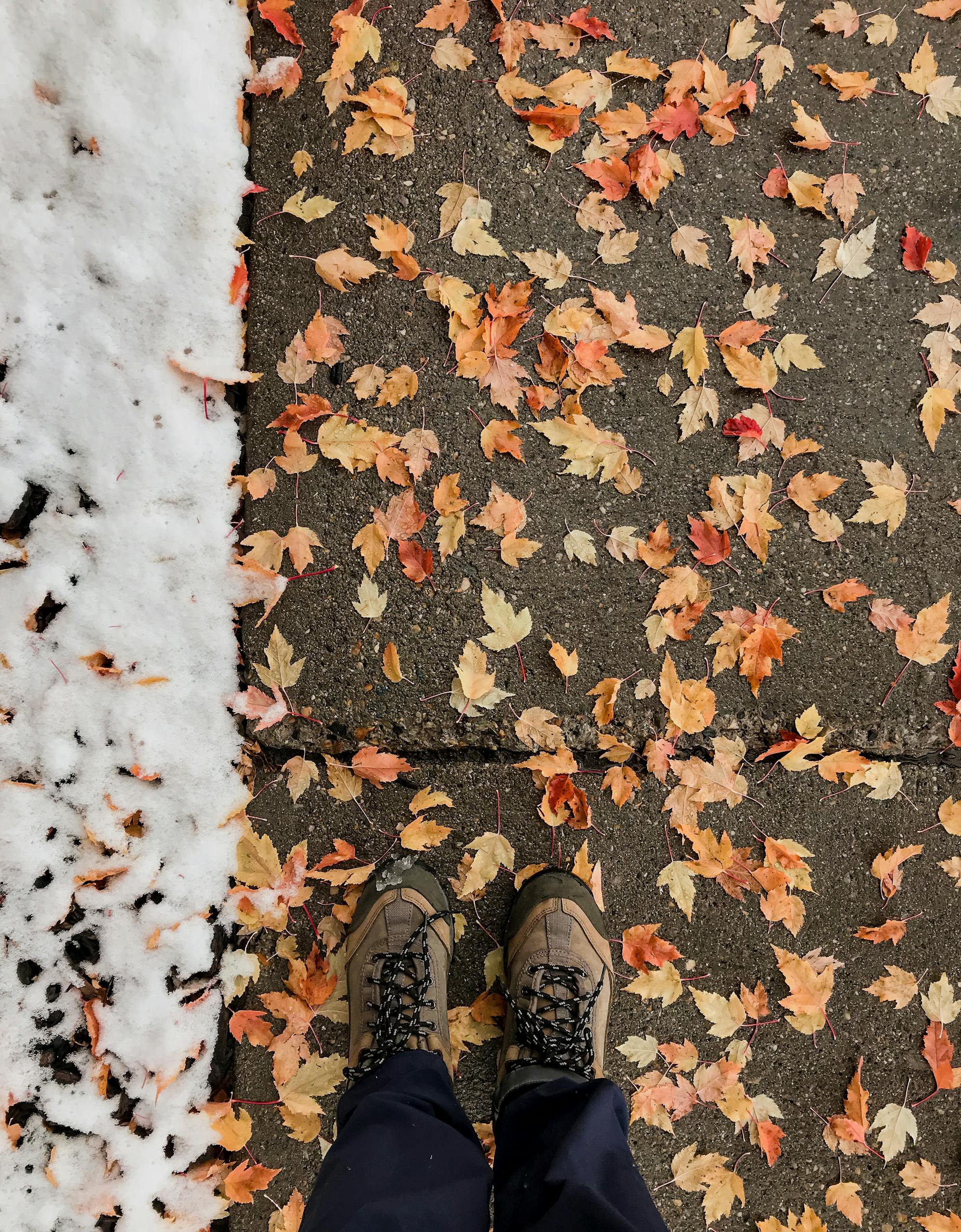 From above faceless person in warm boots standing on pavement covered with fallen leaves and fresh snow