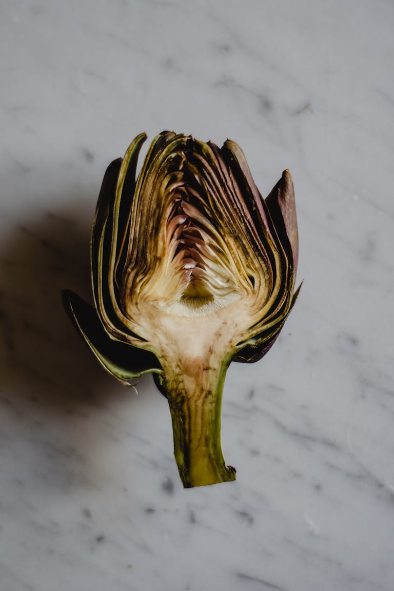 A detailed close-up of a fresh artichoke cut in half, showcasing its organic texture on a marble surface.